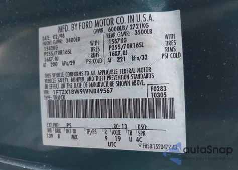 1998 Ford F-150 Lariat/Standard/Xl/Xlt z USA, uszkodzony, nr VIN 1FTZX18W9WNB49567
